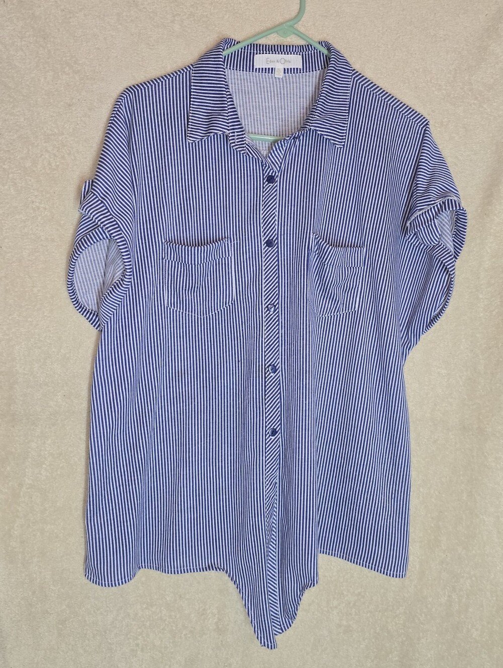 Blue and White Striped Eden & Olivia Maternity Blouse Button-Down Dual Front Poc